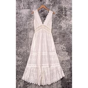 LoveShackFancy Dress 0 Womens White Lace Inset Embroidered Midi